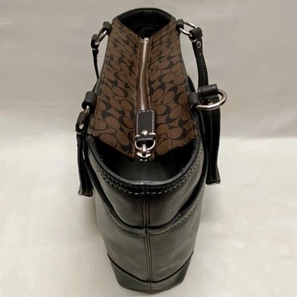 Coach Chelsea Heritage Tote F15137 Signature Stripe Black Brown Leather Handbag - Picture 9 of 16